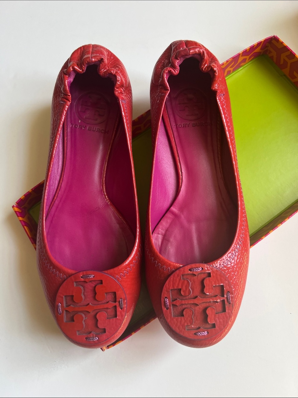 Tory Burch Party Fuschia Leather Logo Ballet Flats